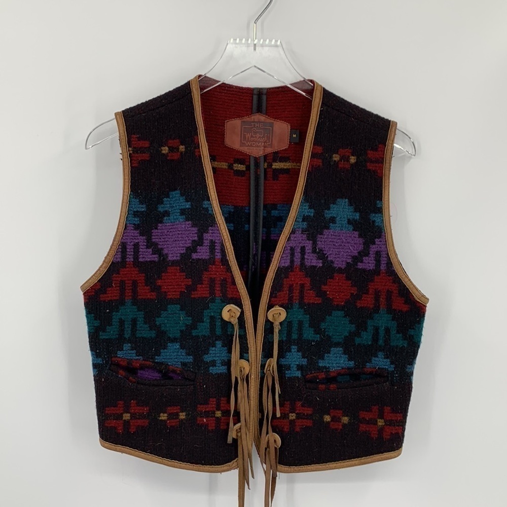 Woolrich vintage open front wool blend Aztec tribal print leather trim women M